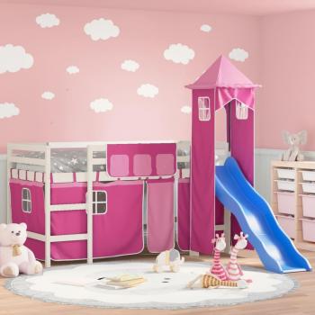 Letto a Soppalco per Bambini con Torre Rosa 90x200 cm in Pino Massello