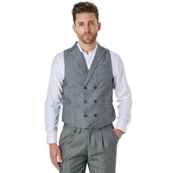XPOSED Men’s Grey Tweed Vest – Tyler Herringbone Double Breasted Waistcoat, Size 44