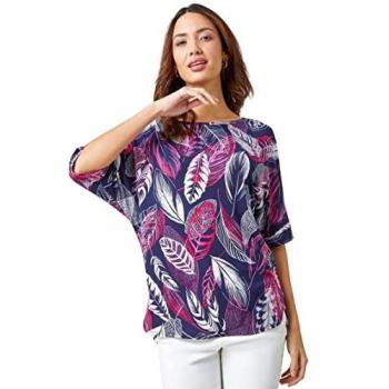 Roman Women's Pink Leaf Print Textured Tunic Top