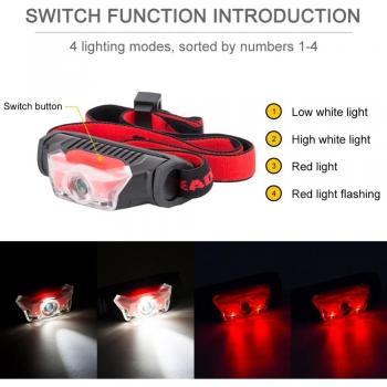 Lámpara Frontal Pequeña 4 Modos Impermeable 1 XPE Blanca + 2 LEDs Rojos Diadema Uso AA