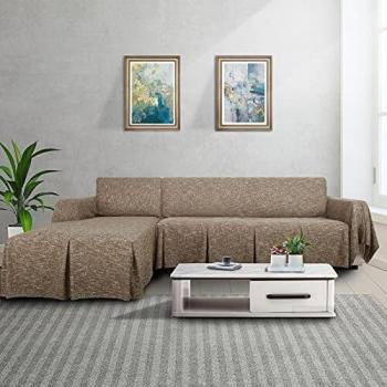MAXIJIN L Shape Sofa Covers 2 Piece Corner Sofa Cover for Sectional Couch Linen Sofa Slipcover with Ruffles, Reversible Furniture Protector for Dogs (2 Seat and Right Chaise, Beige)