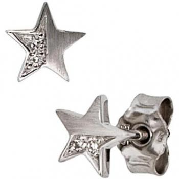 Ohrstecker Stern 585 Gold Weißgold Matt 1 Diamant Brillant 0,022ct