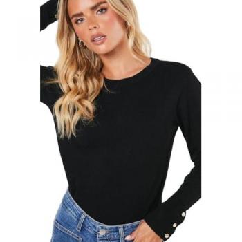 Womens Petite Black Button-Cuff Crew Neck Jumper – X‑S
