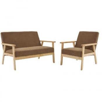 Sofá de 2 plazas y sillón de pana con patas de madera Isak Pana, color pardo