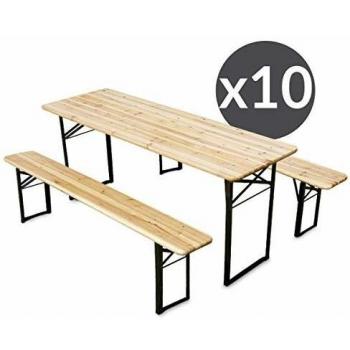 Lot de 10 Tables et Bancs en Bois pour Camping