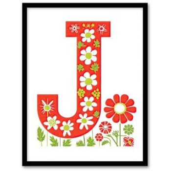 Daisy Floral “J” Wall Canvas – Red Letter, Framed