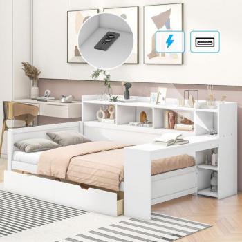 Canapé-méritienne 90x200 cm – Table de chevet + étagère sous table, sans matelas