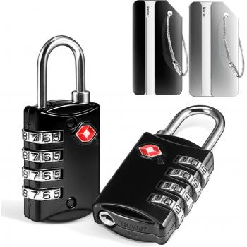 Gepäckschlösser Kofferanhänger Koffer, Rymall 2 Stück TSA Schloss + 2 Stück Aluminium Gepäckanhänger, Zahlenschloss Kabelschloss Reiseschloss Kofferschloss mit 4-stelligen Zahlencode, Schwarz & Silber