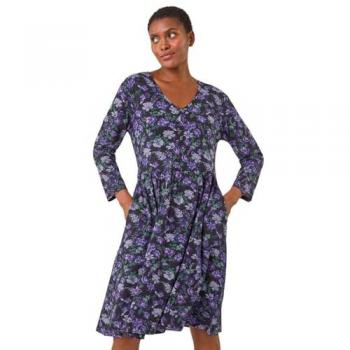 Chic Violet – Robe avec Détails Bouton et Motif Floral