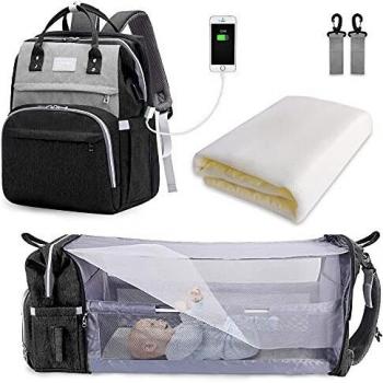 Baby Bed & Diaper Travel Backpack (Black/Gray)