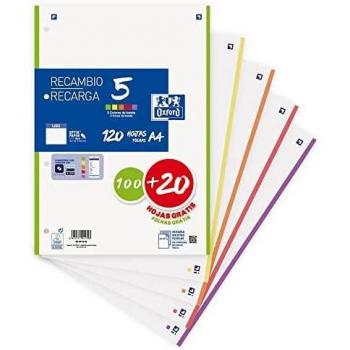 Recambio 5 multicolor A4 100+20h 90g 4 taladros liso con 5 colores de banda vivos