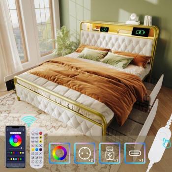 Letto per adulti 160x200 cm, bianco, con luci LED