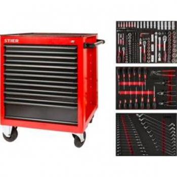 Station d’outils STIER : 7 tiroirs, kit de 179 douilles, 17 tournevis/pince et 27 clés polygonales
