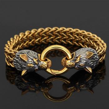 Gold Stainless Steel Viking Wolf Head Bracelet