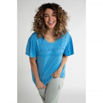 Women's Plus Size Blue Cotton Tee with Pintuck & Embroidery, Round Neck, Size 32/34