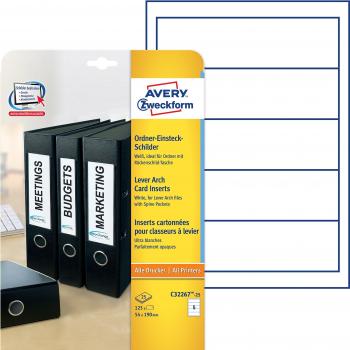 AVERY Zweckform C32267-25 Ordnerrücken Einsteckschilder (125 Rückenschilder, 54x190mm auf A4, bedruckbar, zum Einstecken für breite/kurze Ordner, Mikroperforation, hochwertiger Karton) 25 Blatt, weiß