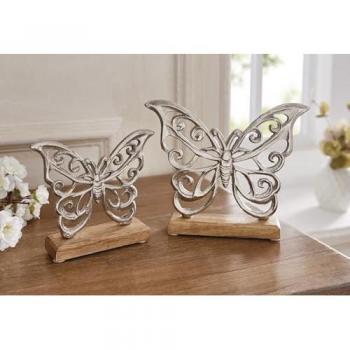2x Deko-Schmetterling 'Silber' aus Aluminium im Antik Look & Mango Holz, Frühlingsdeko, Figurenset
