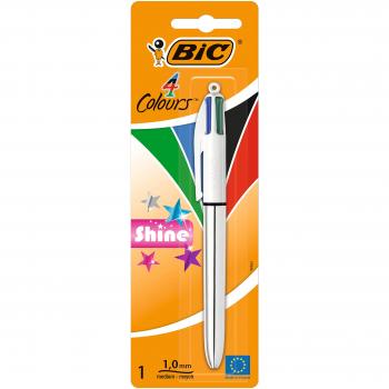 BIC 4 colores Shine Bolígrafo Retráctil punta media (1,0 mm) – colores Metálicos Surtidos, Blíster de 1 Unidad