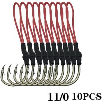 Jigging Fishing Hooks with PE Line (10pcs, Stainless Steel, High Carbon, Size 1/0-10/0)