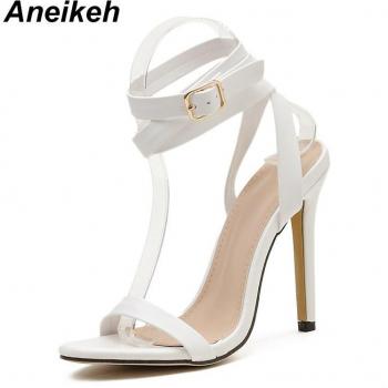 Aneikeh Women's PU Sandals, Gladiator Design, Thin Heels, Ankle Strap, White, Size 35-42