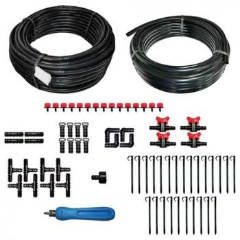 Kit de Riego Dripalia: 50 m tubería 16 mm con goteros de 4L a 33 cm + 25 m sin goteros + 15 goteros regulables + 54 accesorios + 1 sacabocados