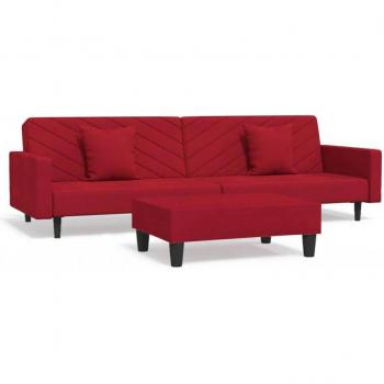 Sofá cama de 2 plazas con reposapiés y cojines de terciopelo color rojo tinto
