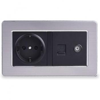 COSWALL EU Wall Socket with TV and Internet RJ45 CAT5E, Stainless Steel Finish