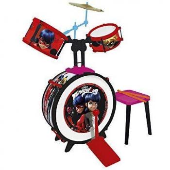 MIRACULOUS Batterie et tabouret Ladybug (Grosse caisse, deux tambours, bongo, cymbale, baguettes professionnelles)