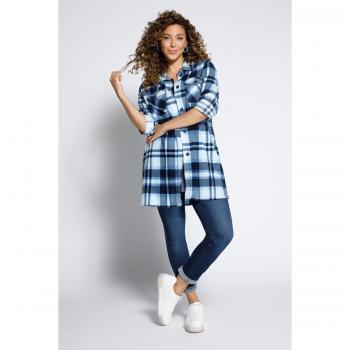 Giacca oversize in pile a quadri con colletto da camicia e maniche a 3/4, Donna, Blu, Taglia: 60/62, Poliestere