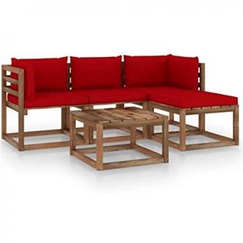 Set de muebles de jardín 5 piezas con cojines rojos