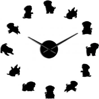 Reloj silencioso de pared 3D de Pug chino con decoración de pegatinas de espejo