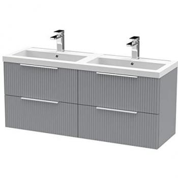 BALTERLEY Fluted Front Wall‑Hanging 4-Drawer Soft Close Bathroom Unit with Two Tap Holes – 1200mm – Satin Grey