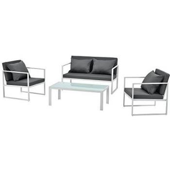 Ensemble de jardin Salon de Jardin Table Basse Canapé Chaises Métal Verre Polyester Blanc
