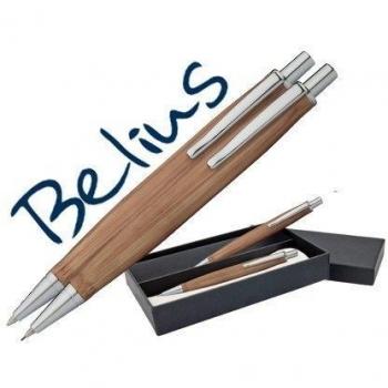 Belius Mónaco: juego de bolígrafo y portaminas en estuche, cuerpo de madera clara y acabados cromados