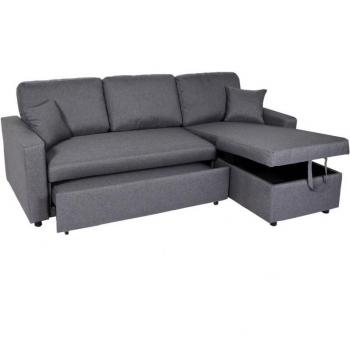 Divano letto angolare con cassetto e penisola HHG 309 – Legno, tessuto grigio scuro
