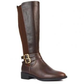 Brown Charlie Flat Heel Zip‑Up Knee‑High Stretchy Boots – XY London – Size 5 (US)