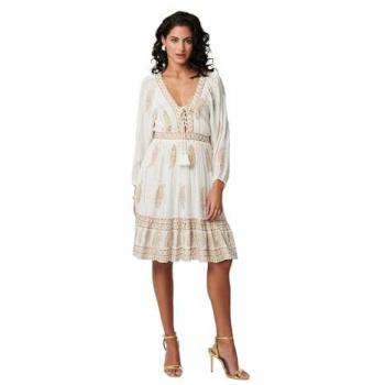 Paisley Flared Sleeve Knee-Length Gown – White