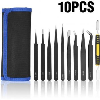 Pinzas de acero inoxidable ESD, set de herramientas de precisión, curvadas y rectas