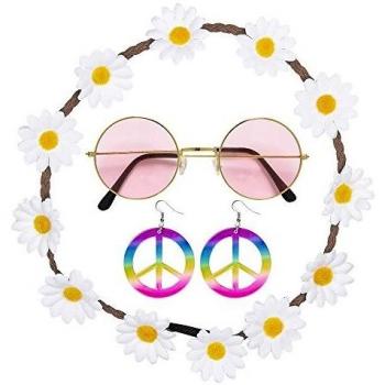Widmann Flower-Power Set, Hippie Ohrringe und Haarband für 60er Jahre Mottoparty