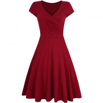 HiQueen Women's XL Flare Dress, Wine Red, V Neck, Short Sleeves