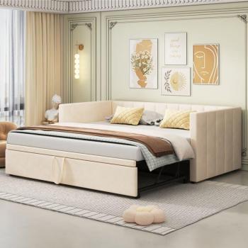 Canapé-lit T‑Shape 90 × 180 cm avec sommier à lattes – velours doux beige