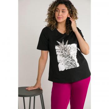 Plus Size Black Cotton V-Neck Tee with Pineapple Design, Women, Size 16/18