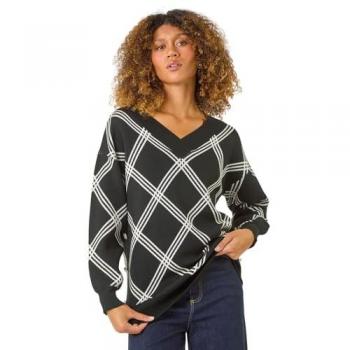 Patterned V‑Cut Knit Jumper