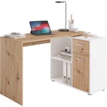 Bureau de Coin Albrecht avec Rangements Mélamine Chêne-Blanc 83x74x117 cm
