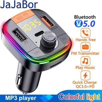 JaJaBor Bluetooth 5.0 Auto Freisprech-Bausatz FM Sender Stereo MP3-Player mit PD18W QC 3.0 Schnelllade-USB