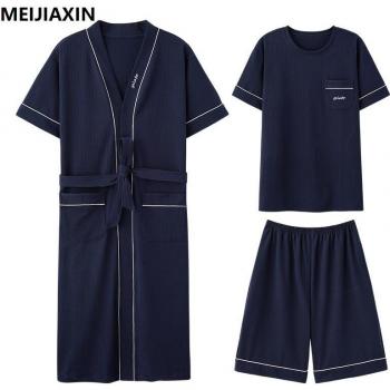 Conjunto de Albornoz de Algodón para Hombre: Bata, Tops y Pantalones Holgados, Pijamas de Verano Talla L-4XL