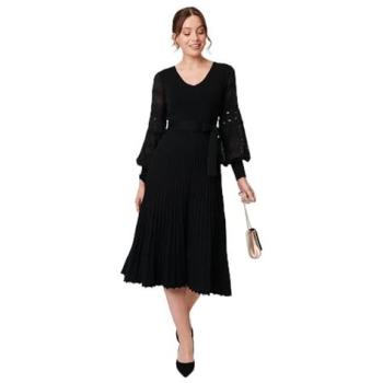 Mid-Rise Black Lace Midi Dress with Puff Sleeves – Size 10