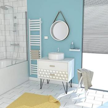 Mobile Bagno Scandi White 80 cm con piedini, cassetto, lavabo da appoggio e specchio rotondo