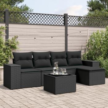 Set de sofás de jardín 6 piezas con cojines de ratán sintético negro