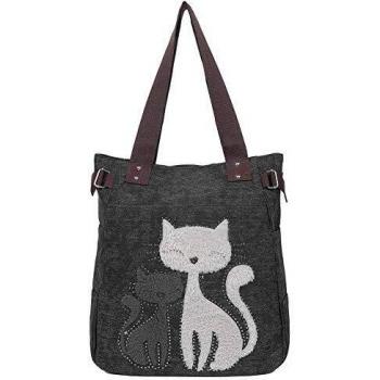 Borse da shopper per donna di EGOGO con gatto carino in tela e borse a spalla tote sacchetto da shopper nero modello E523-2